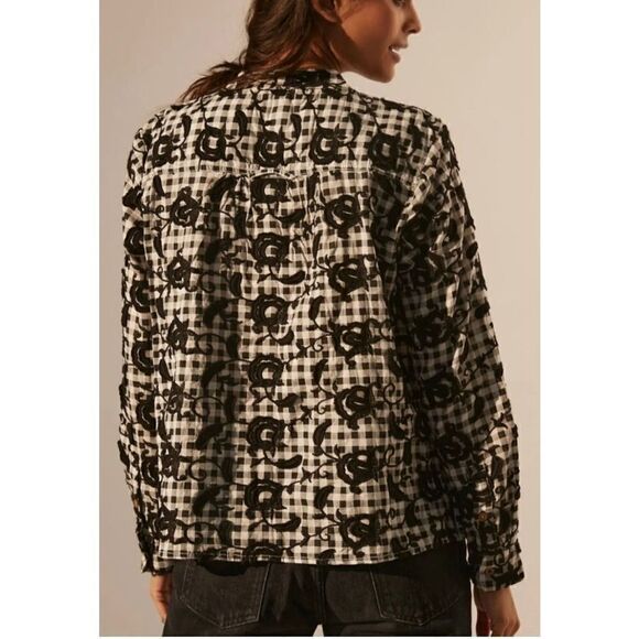 Anthropologie Pilcro The Whitney Trapeze Embroidered Buttondown Shirt Black XS - Picture 3 of 10
